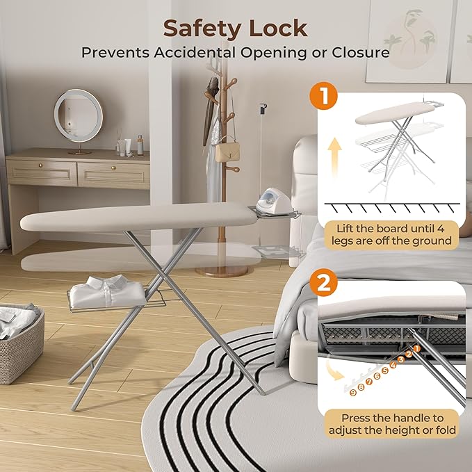 Yaheetech Ironing Board, Compact Iron Board with Cord Holder, Steam Iron Rest and Bottom Storage Tray, 9 Adjustable Heights & 3 Layer Cover, Folding Heavy Duty Ironing Board 52X14, Beige-Ruum Studio Home