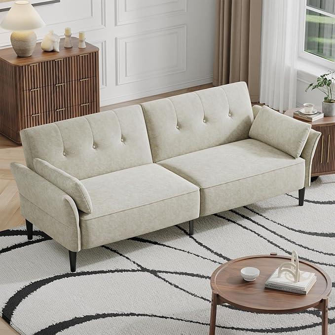 89” Futon Sofa Bed, Comfy Futon Couch Bed with 2 Square Pillows, Convertible Sleeper Sofa with Adjustable Backrest& Armrests, Modern Loveseat Sleeper for Living Room, Bedroom, White-Ruum Studio Home