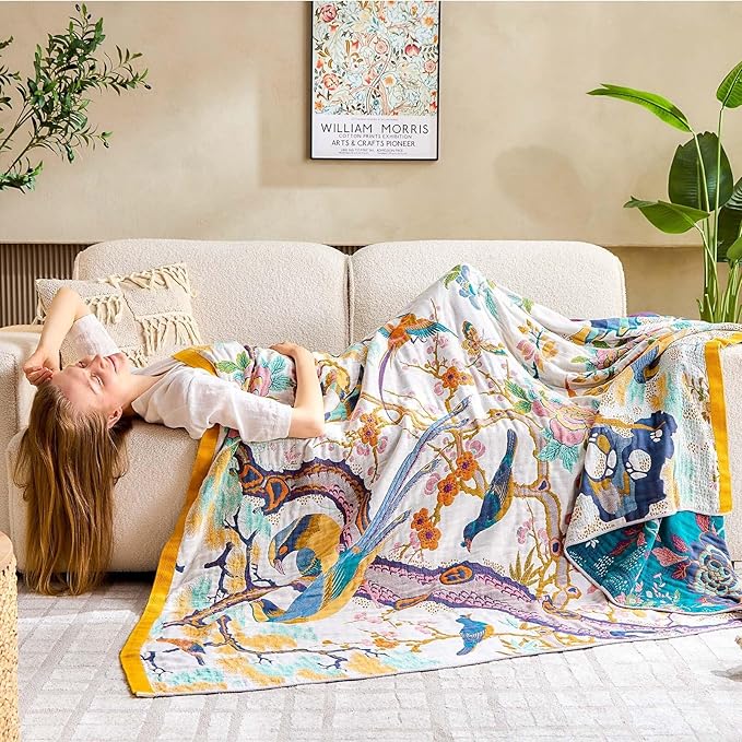 Fall Throw Blanket for Couch, Yellow Boho Decorative Throw Blanket, 100% Cotton Muslin Breathable Woven Farmhouse Blankets Quilt, 60"x80" Reversible Lightweight Blankets Bohemian Throw Quilt-Ruum Studio Home