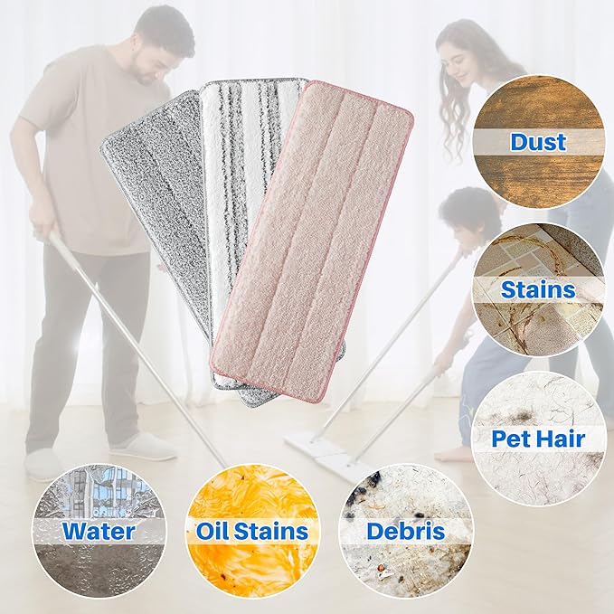JOYMOOP Mop Replacement Pads, Reusable Microfiber Mop Pads for 13-inch Flat Mop and Mop Bucket Set, Pack of 6 Refills - Pink, Grey and Stripe-Ruum Studio Home