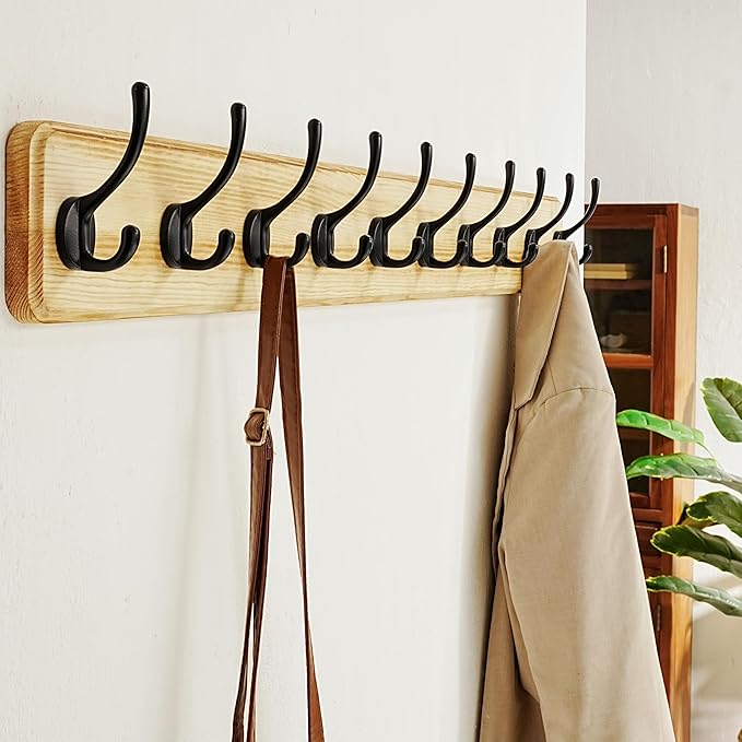 Dseap Coat Rack Wall: 38-1/4" Long, Patented, Heavy-Duty, 10-Double-Hooks Wooden Wall Mounted Coat Rack Coat Hanger Hook Rail for Winter Coats Hat Jacket Clothing, Light Brown, Pack of 2-Ruum Studio Home