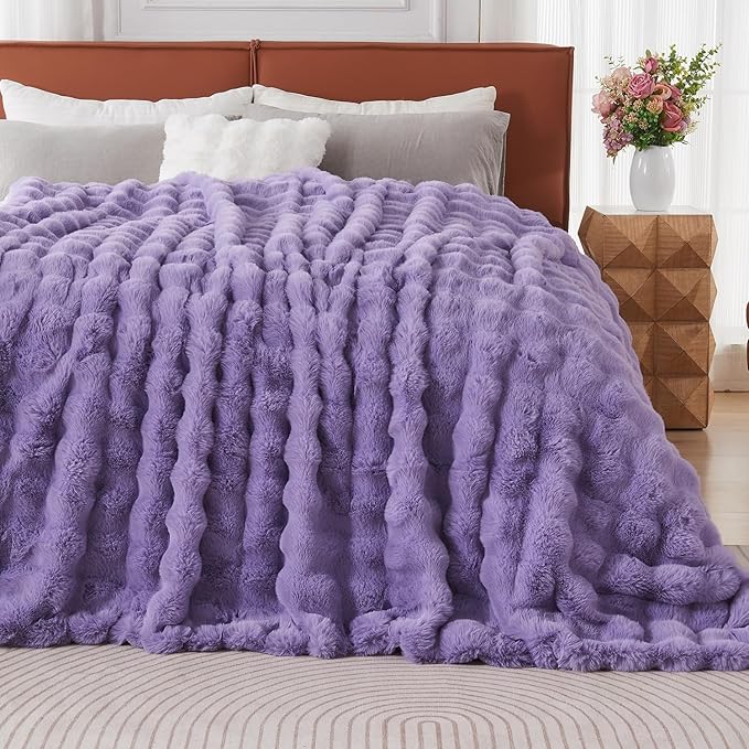 Lotus Karen Faux Fur Throw Blanket Purple - Big Bubble Rabbit Fluff Blanket for Couch Bed Sofa,Softest Fluffy Fuzzy Cozy Blanket,Thick Furry Plush Shaggy Warm Blankets for Women,90x90 Inches-Ruum Studio Home