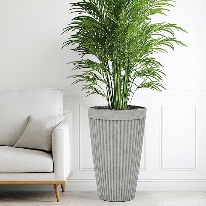 20" Resin Tall Planters for Outdoor Plants, Set of 2 Vintage Gray Large Flower Pots with Handmade Fluted Texture, Heavy-Duty and Weather-Resistant for Year Round Indoor Outdoor use-Ruum Studio Home