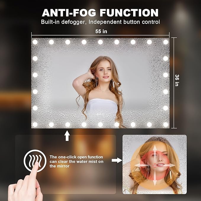 Hasipu LED Bathroom Mirror with Lights, 55" x 36" Hollywood Wall-Mounted Bathroom Mirror with 26 Dimmable Bulbs, 3 Colors Modes, Touch Control, Anti-Fog, Memory Function, Shatter-Proof, ETL Listed-Ruum Studio Home