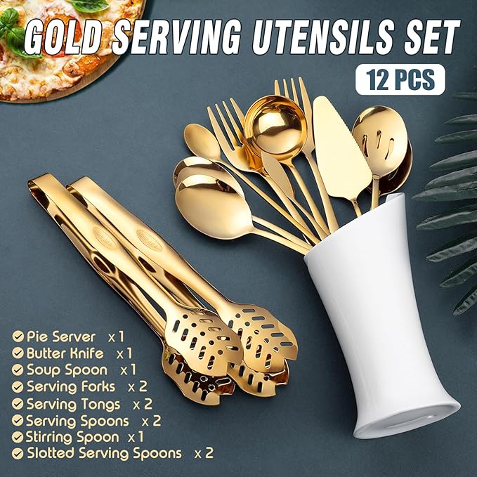 Gold Serving Utensils, OGORI 12-Piece Stainless Steel Serving Utensils Include Serving Spoons, Slotted Spoons, Serving Tongs, Serving Forks, Butter Knife, Stirring Spoon, Soup Ladle, Pie Server-Ruum Studio Home