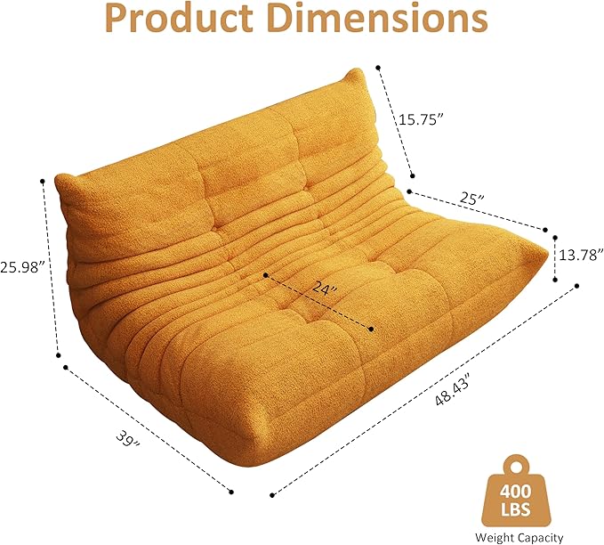 Bean Bag Chair, Oversized Loveseat Fireside Chair for Adults, 2 Seater with Memory Foam Filled, Lazy Sofa Lounge Floor Sofa for Living Room, Bedroom, Office, No Assembly Required. (Yellow)-Ruum Studio Home