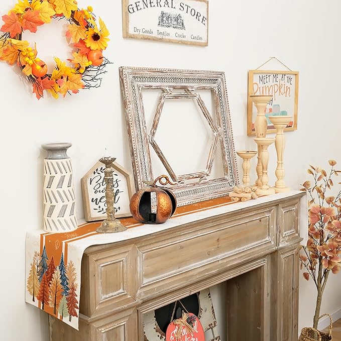 GEEORY Fall Watercolor Trees & Maple Leaves Striped Table Runner 13x48 Inch, Rustic Farmhouse Autumn Thanksgiving Decor for Kitchen, Dining, Indoor/Outdoor Holiday Dinner Party Orange GT157-48-Ruum Studio Home