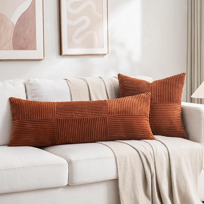 Fancy Homi Set of 2 Rust Boho Long Lumbar Body Decorative Throw Pillow Cover 14x36 Inch for Bed Couch Bedroom Bench, Soft Patchwork Corduroy Textured Pillow Case, Rustic Farmhouse Room Décor-Ruum Studio Home