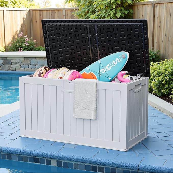 JUMMICO 250 Gallon Outdoor Resin Deck Box with Divider, Waterproof Storage Box with Lockable Lid&Side Handles for Garden Tools, Pools Supplies (White with Black Cover)-Ruum Studio Home