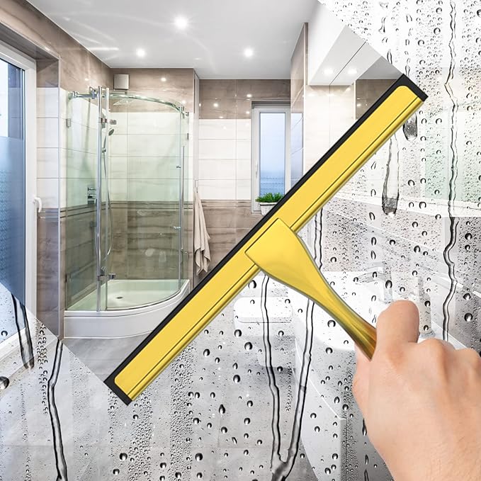 All-Purpose Stainless Steel Shower Squeegee for Shower Doors with 2 Adhesive Hooks, Bathroom Cleaner Tool Household Window Mirror Squeegee for Home Cleaning, Glass Door, Tile Wall, Car, 12 Inch Golden-Ruum Studio Home