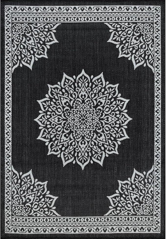 CAMILSON Outdoor Rug, 9x12 Medallion Black White Modern Area Rugs for Large Indoor and Outdoor Patios, Kitchen and Hallway Mats, Washable Porch Deck Outside Carpet (Medallion Black, 9 x 12)-Ruum Studio Home