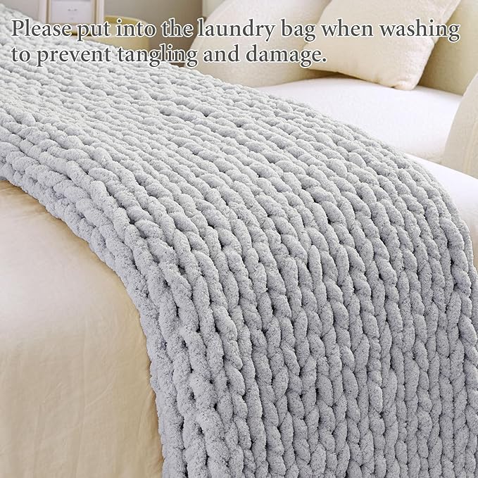 Admitrack Chunky Knit Blanket Throw, 100% Hand Knit Chenille Throw Blanket for Sofa & Home Decor, Soft and Cozy Knitted Throw Blankets (Light Gray，51"x63")-Ruum Studio Home