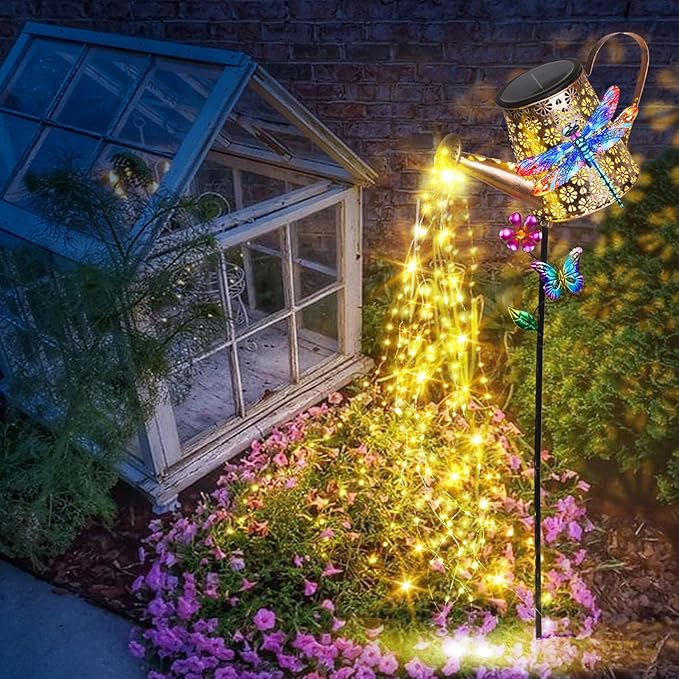 Solar Lights Outdoor Decorative, 39.4'' Metal Solar Watering Can Lights with Dragonfly, Waterproof Garden Stake Lights for Yard Lawn Patio Pathway Landscape, Gardening Gifts for Mom Grandma Women-Ruum Studio Home