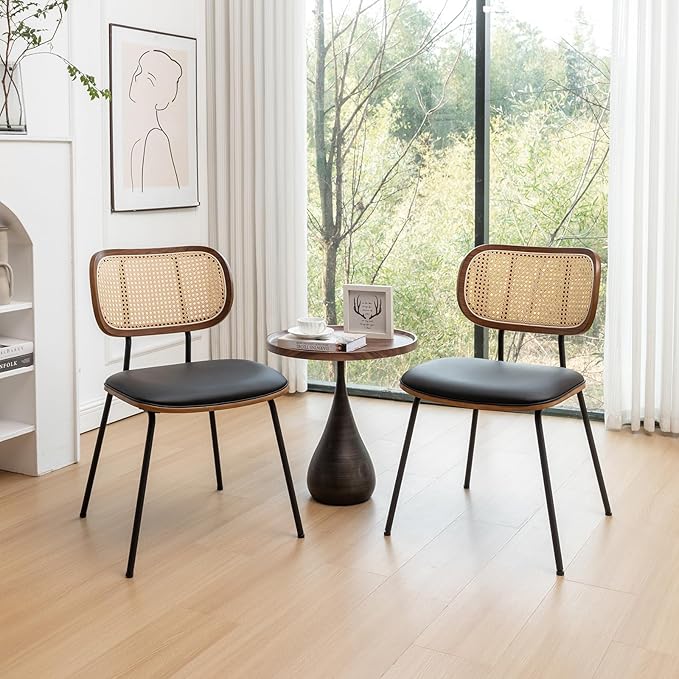 Rattan Dining Chairs Set of 4, Mid Century Modern Dining Chairs with Cane Back for Kitchen Dining Room, 19 Inch Faux Leather Black-Ruum Studio Home