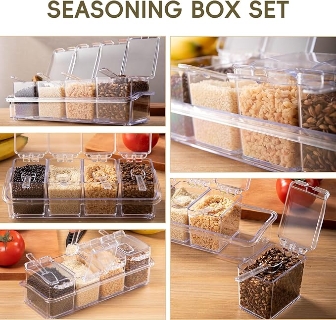 Clear Seasoning Box, 4 Pieces Seasoning Rack Spice Pots, Storage Container Condiment Jars Acrylic Seasoning Box with Covers and Spoons for Spice, Sugar, Salt, Sugar, Cardamon, Cinnamon-Ruum Studio Home