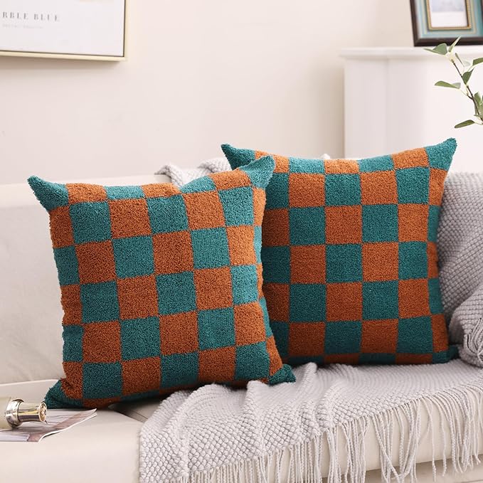 Alysheer Checkered Embroidered Decorative Throw Pillow Covers 18"x 18" Set of 2, Farmhouse Cottage Teal Brown Plaid Tufted Patterned Cotton Canvas Cushion Case for Sofa Couch Bed Living Room-Ruum Studio Home