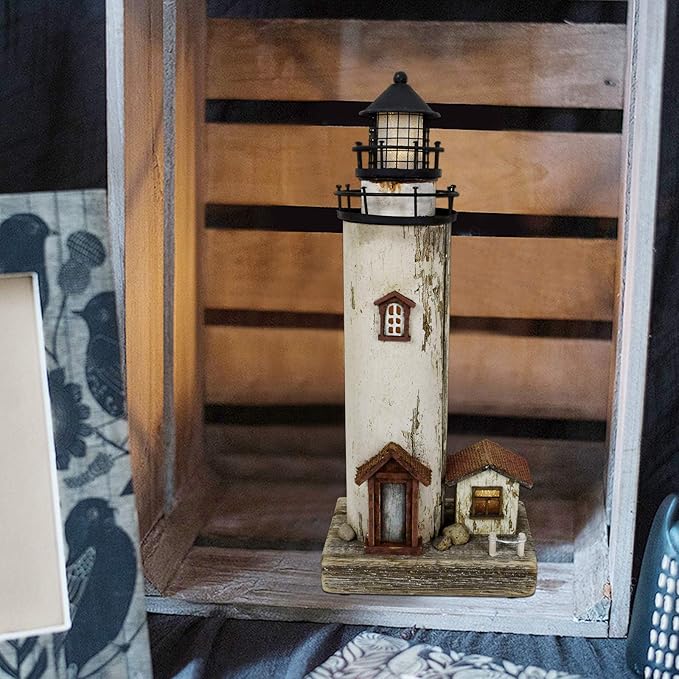 Linfevisi Wood Lighthouse Decor Rustic LED Light House Decor Wooden Decorative Nautical Lighthouse Statue Coastal Beach Themed Lighthouse Handcrafted Tabletop Decoration Home Bathroom (12")-Ruum Studio Home