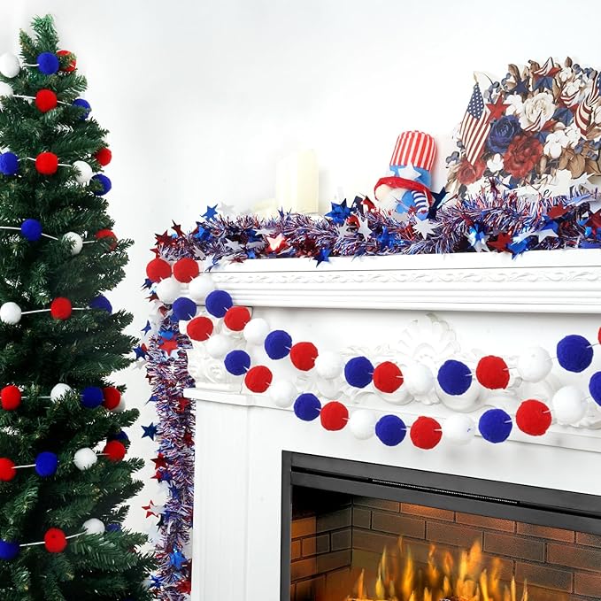 TBD Decor 3pk 4th of July Decorations Patriotic Red White Blue Pom Pom Garland 20FT 4cm Large Felt Ball Garland for Independence Day,Party Home Supplies Decorations-Ruum Studio Home
