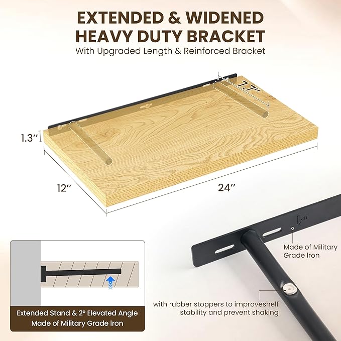 24" Floating Shelves for Wall, 12" Deep Slim Oak Floating Shelves, Wall-Mounted Shelves for Bedroom, Living Room, Kitchen, Bathroom - Set of 2-Ruum Studio Home