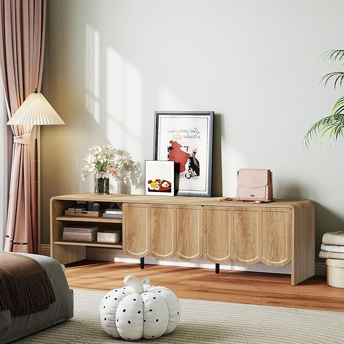 ORRD 63'' TV Stand, Modern TV Console Table Wave Panel Television Stands Entertainment Media Center with Storage Compartment and Sliding Door for Living Room (Natural)-Ruum Studio Home