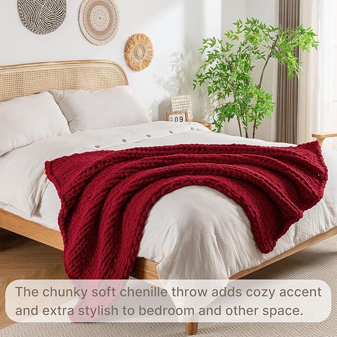 Chunky Knit Blanket Throw, 100% Hand Knit Throw Blanket Handmade Chenille Cable Knit Throw for Couch, Stylish Cozy Soft Rope Knot Crochet Blanket for Home Decor, Red, 50x60 Inches-Ruum Studio Home
