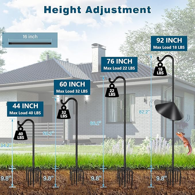 Gtongoko Bird Feeder Pole Squirrel Proof 92 Inch Shepherds Hook for Outdoor with Squirrel Baffles Adjustable Heavy Duty with 7 Prongs Base for Hanging Plants, Bird Feeders, Black-Ruum Studio Home