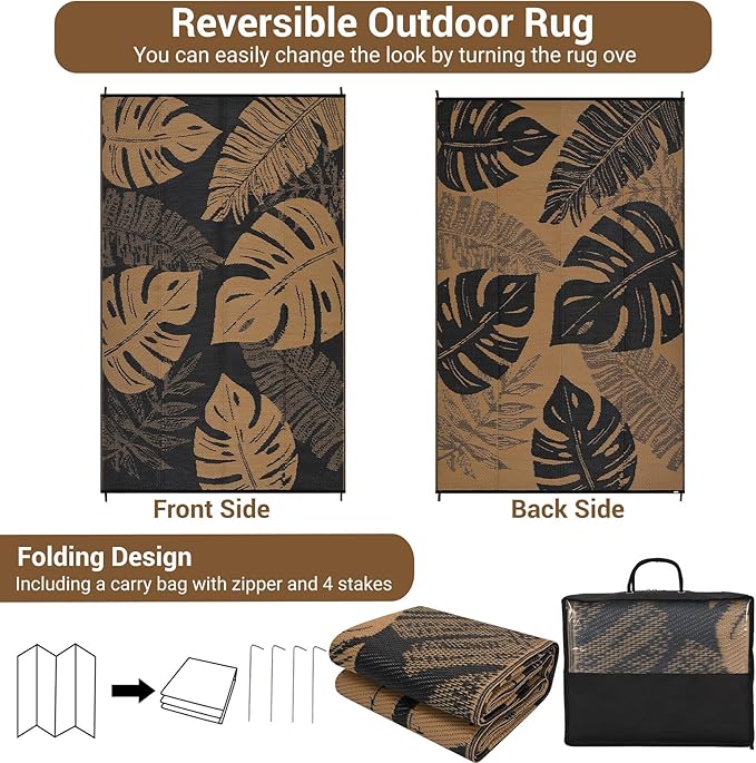 GAOMON Outdoor Rug Waterproof 9x12 Outdoor Plastic Straw Rug for Patio, Reversible Modern Camping Mat with Bag & Stakes, UV Resistant & Easy to Clean Carpet for RV, Deck, Balcony, Porch, Brown-Ruum Studio Home