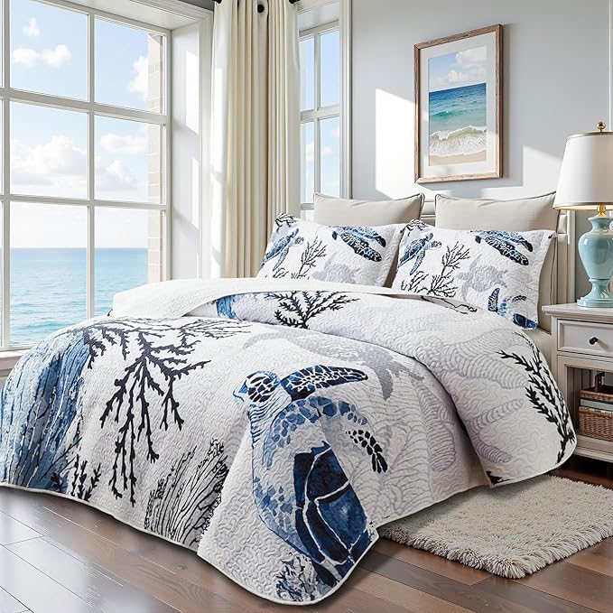 Coastal Bedding California King Size Coastal Quilt with 2 Shams, Nautical Beach Comforter Sets Ocean Bedspreads Blue Seaturtle Coverlet Summer Bedding, 106''x118''-Ruum Studio Home