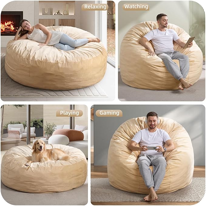 Hobestluk 6FT Bean Bag Chair Bean Bag Chairs for Adults Giant Bean Chairs with Velvet Cover, Memory Foam BeanBag Chair Fluffy BeanBag Chairs for Living Room, Bedroom- Khaki (70" x 70" x 15")-Ruum Studio Home