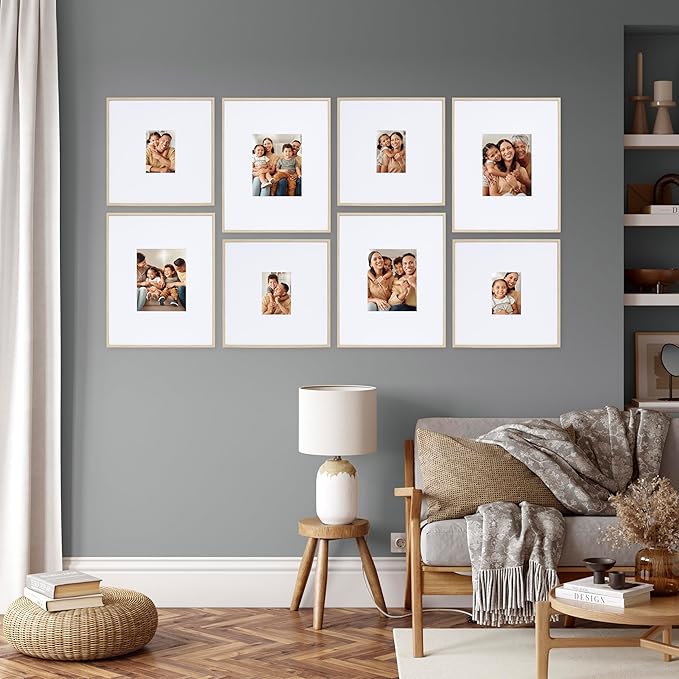 Camden Reed Arcadia 8 Piece Oversized Gallery Wall Frame, 16x20 and 16x16 Inch Matted Frames for Featuring 8x10 and 5x7 Inch Photographs or Art Prints, Natural Finish-Ruum Studio Home