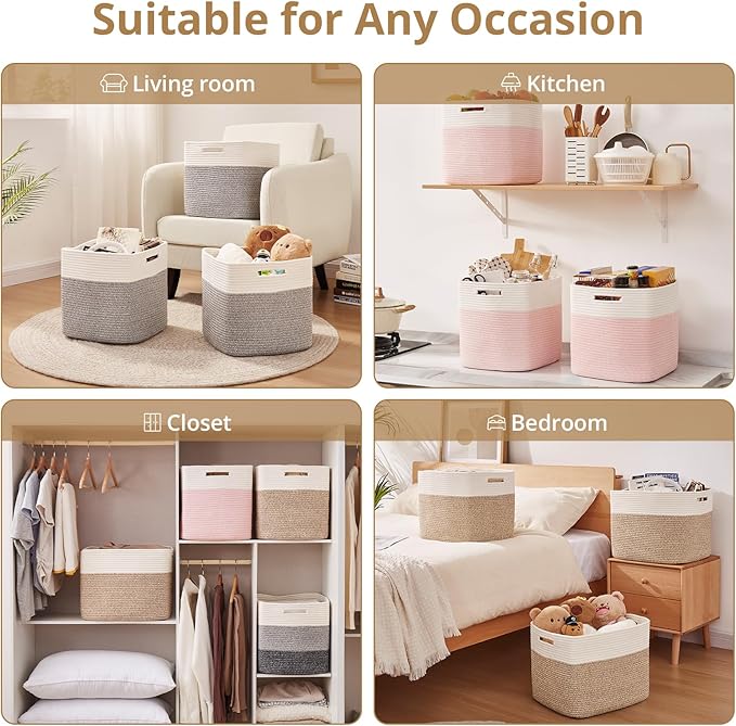 OIAHOMY 13 Kallax Inch Cube Storage Bins, 3-Pack Cotton Rope Woven Baskets for Organizing, Kallax Insert Storage Baskets for Shelves, Baby Nursery, Closet Organizer, 15*13*12.6IN, Grey & White-Ruum Studio Home
