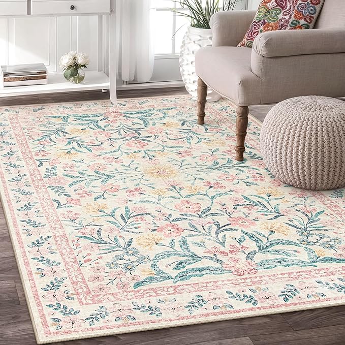 Wonnitar Machine Washable 5x7 Nursery Rug, Pink Rugs for Bedroom Girls, Boho Soft Floral Carpet Non Slip, Indoor Ultra-Thin Floor Carpet for Kid Room Living Room Dorm-Ruum Studio Home