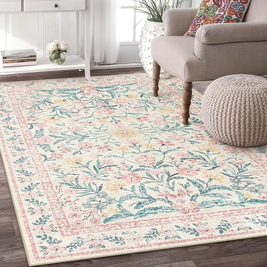Wonnitar Machine Washable 5x7 Nursery Rug, Pink Rugs for Bedroom Girls, Boho Soft Floral Carpet Non Slip, Indoor Ultra-Thin Floor Carpet for Kid Room Living Room Dorm-Ruum Studio Home