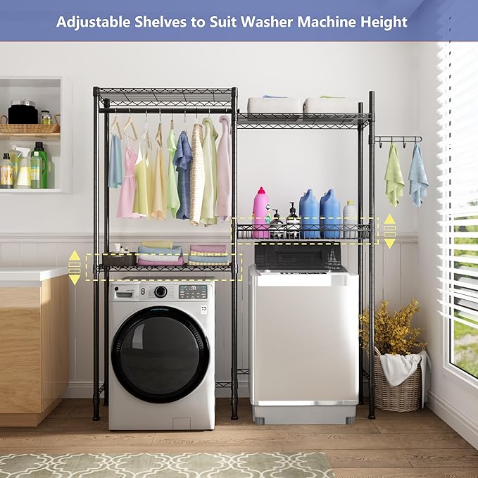 Over Washer and Dryer Shelves,Laundry Room Storage Organization Clothes Drying Rack,4 Tier Adjustable Height Wire Shelving with Wire Basket,Hanger Rod&Hook,Space Saving Shelf-Ruum Studio Home