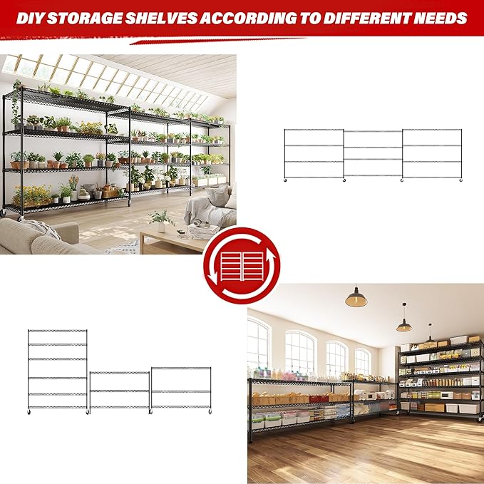 REIBII 60''W X 82.6" H Steel Heavy Duty Wire Shelving Unit with Wheels, 6-Tier Adjustable Storage Shelves 3598LBS Commercial Metal Shelves for Pantry, Garage, College Dorm School Industrial Shelving-Ruum Studio Home