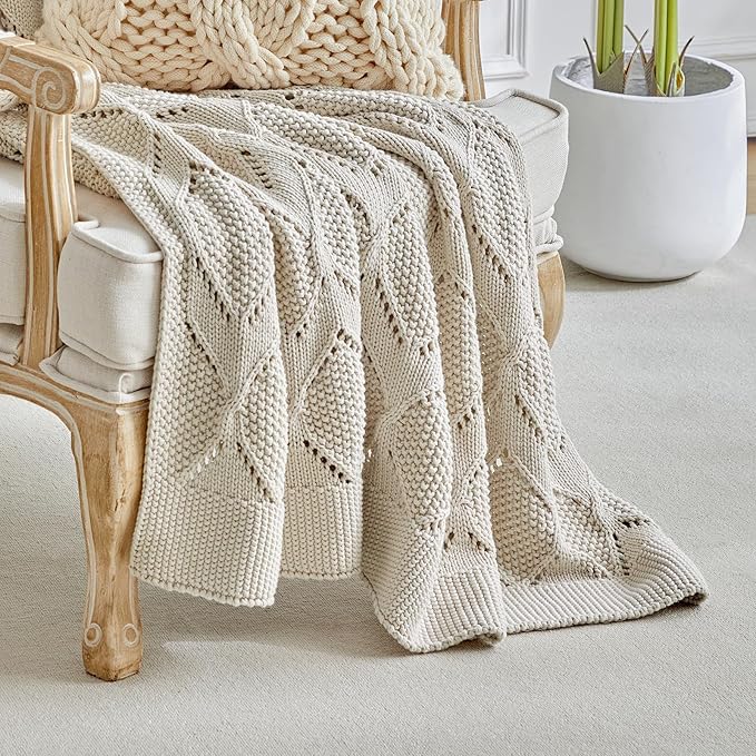 Longhui bedding Chunky Cotton Knit Throw Blanket for Couch, Sofa, Bed, or Chair, Decorative Breathable Fall Cable Knit Blanket 60 x 80 Inches, Large Medium Weight Beige-Ruum Studio Home