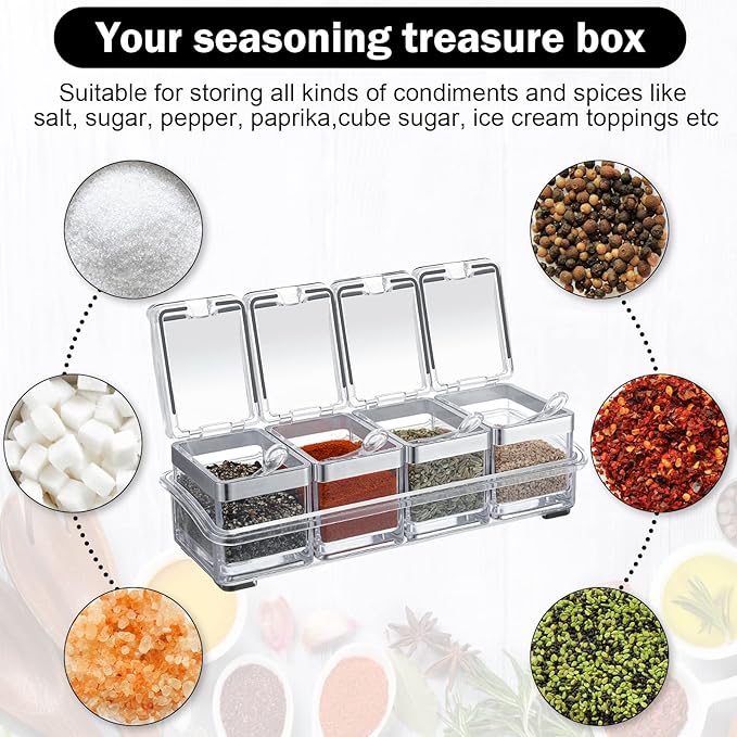 2 Set Acrylic Seasoning Organizer Box 8 Pcs Clear Seasoning Rack Spice Pots Condiments Containers with Lids and Spoons Storage Container Spice Jar for Salt Sugar Cruet Kitchen Cooking Organizer-Ruum Studio Home