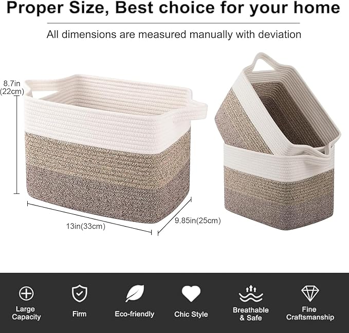 OIAHOMY Storage Basket, Woven Baskets for Storage, Cotton Rope Basket for toys,Towel Baskets for Bathroom - Pack of 3, Gradient Dark Brown-Ruum Studio Home