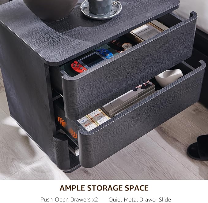 Nightstand with Charging Station, 22" Push-to-Open Bedside Table with 2 Storage Drawers, Large Modern End Table for Bedroom,Black-Ruum Studio Home