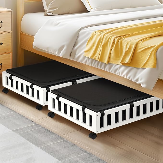 2 Pack Bamboo Under Bed Storage with Wheels, 39”x20”x7.8” Lager Under Bed Storage Containers (White)-Ruum Studio Home