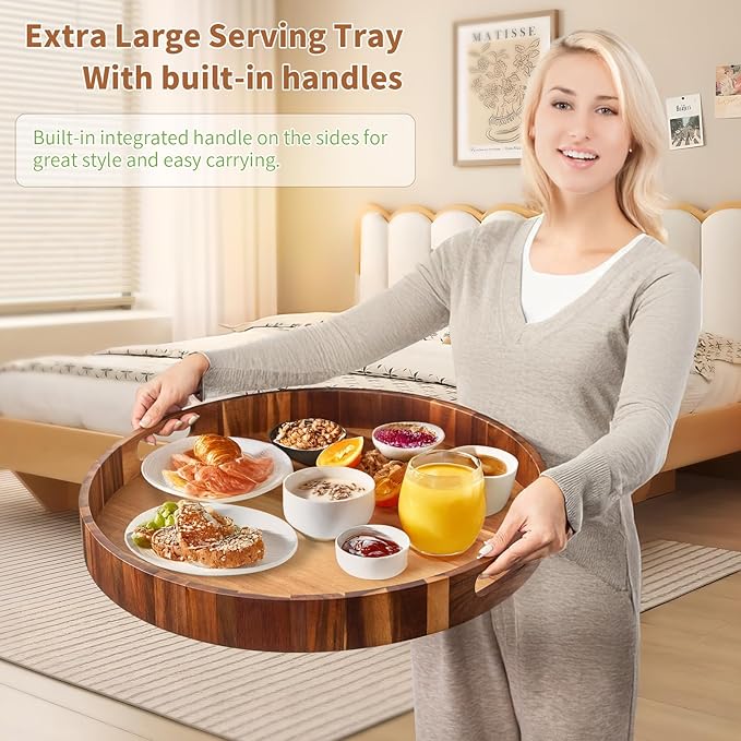 Large Ottoman Tray, 22" Big Ottoman Tray for Living Room, Large Serving Tray with Handles for Coffee Table Kitchen Counter,Great Round Wooden Trays with 4 Round Coasters for Appetizers, Dinner-Ruum Studio Home