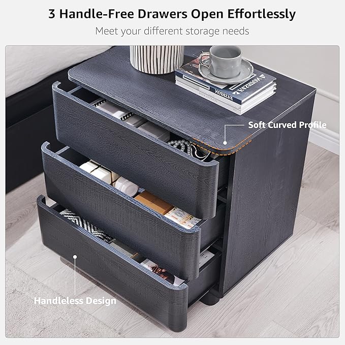 JXQTLINGMU 22" Modern Nightstand with Charging Station, Large Push-to-Open End Table, Wood Bedside Table w/Curved Profile Design, Handleless 3 Drawer Night Stand for Bedroom, Living Room, Black-Ruum Studio Home