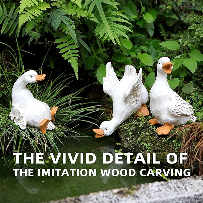 Duck Yard Decorations Outdoor Ornaments Set of 3, Resin Goose Sculpture Statue Front Porch Garden Decor for Outside Imitation Wood Carving, Funny Animal Decorations Fairy Craft Yart Art Decor-Ruum Studio Home