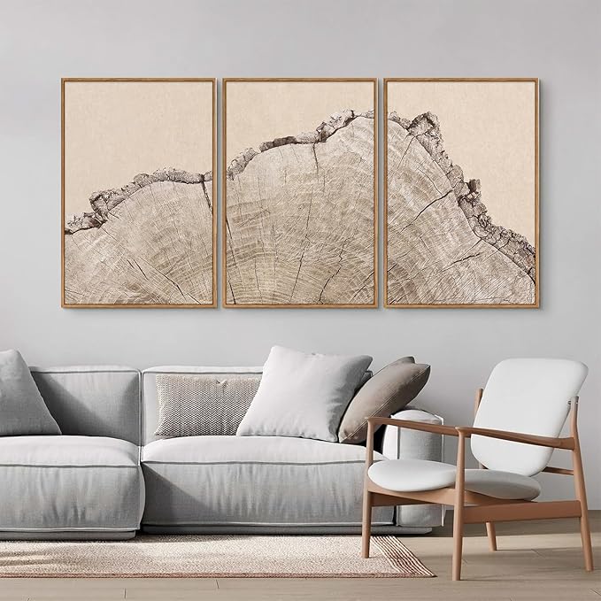 SIGNINART Large Tree Ring Framed Canvas Wall Art Set, Rustic Beige Nature Wooden Wall Decor, Neutral Wood Stump Artwork, Modern Art Prints for Bedroom Living Room Office 16"x24"x3-Ruum Studio Home