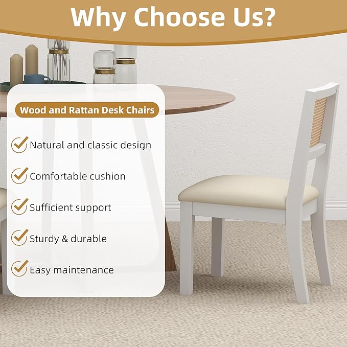 Westice Rattan Dining Chairs Set of 6, Farmhouse Natural Dining Room Chairs with Upholstered Cushion, Wood Armless Chairs for Kitchen/Restaurant, White-Ruum Studio Home
