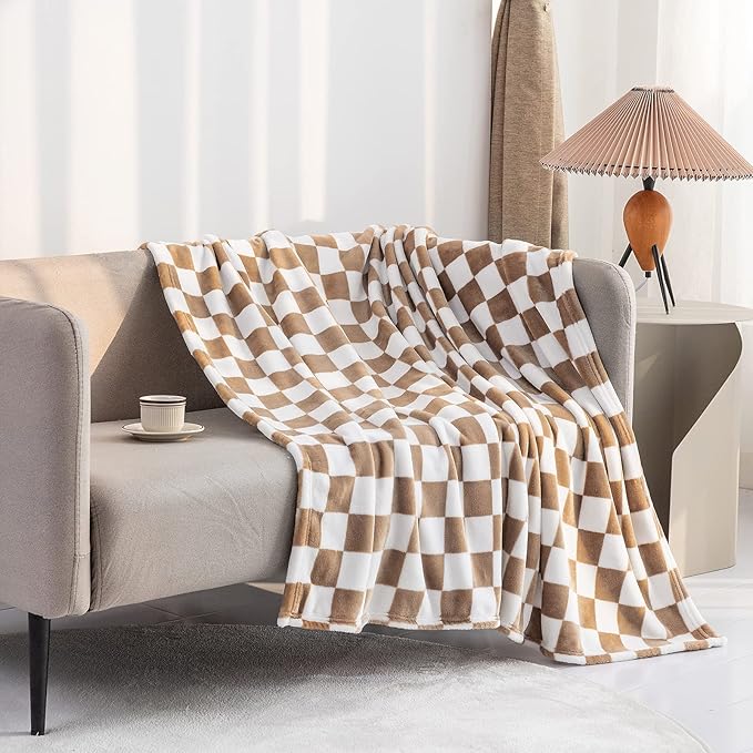 LOMAO Throw Blankets Flannel Blanket with Checkerboard Grid Pattern Soft Throw Blanket for Couch, Bed, Sofa Luxurious Warm and Cozy for All Seasons (Khaki, 40"x50")-Ruum Studio Home