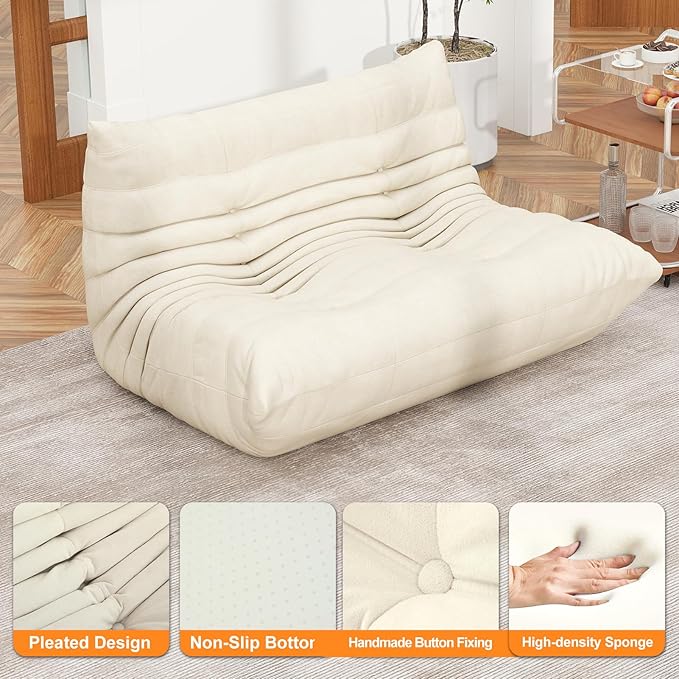 Full Foam Loveseat Sofa,Adults Bean Bag Chairs Floor Couch with Soft Waterproof Fabric,Armless Fireside Lounge Chair for Living Room,Apartment and Office (Whtie)-Ruum Studio Home