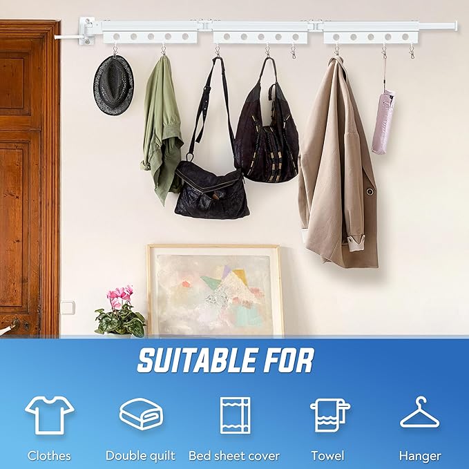 Clothes Drying Rack Wall Mounted, Retractable Space-Saving Foldable Laundry Drying Rack for Indoor & Outdoor Use - Laundry Rooms, Bathroom & Balconies,Includes 10 Clothespins(White)-Ruum Studio Home