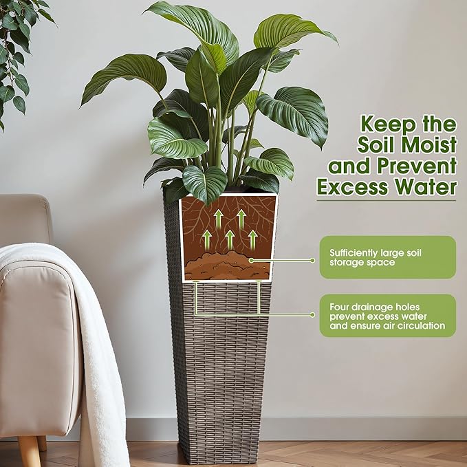 Devoko Resin Tall Planters for Outdoor Plants Set of 2, Large Taper Outdoor Planter Pots with 4 Drainage Holes, Flower Pots Modern Decor for Porch, Patio, Backyard, Home Garden (Brown, 32")-Ruum Studio Home