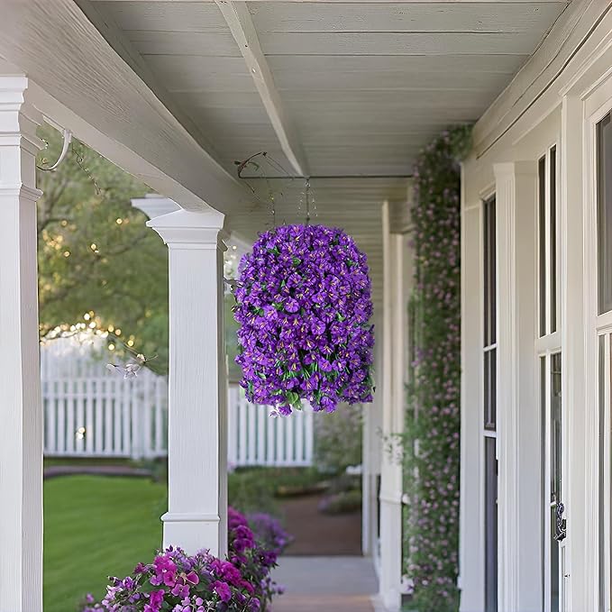 Artificial Faux Hanging Flowers Plants Basket for Outdoor Outside Porch Decoration, UV Resistant Fake Silk Purple Morning Glory Trailing Vines Realistic for Summer Home Balcony Yard Patio-Ruum Studio Home